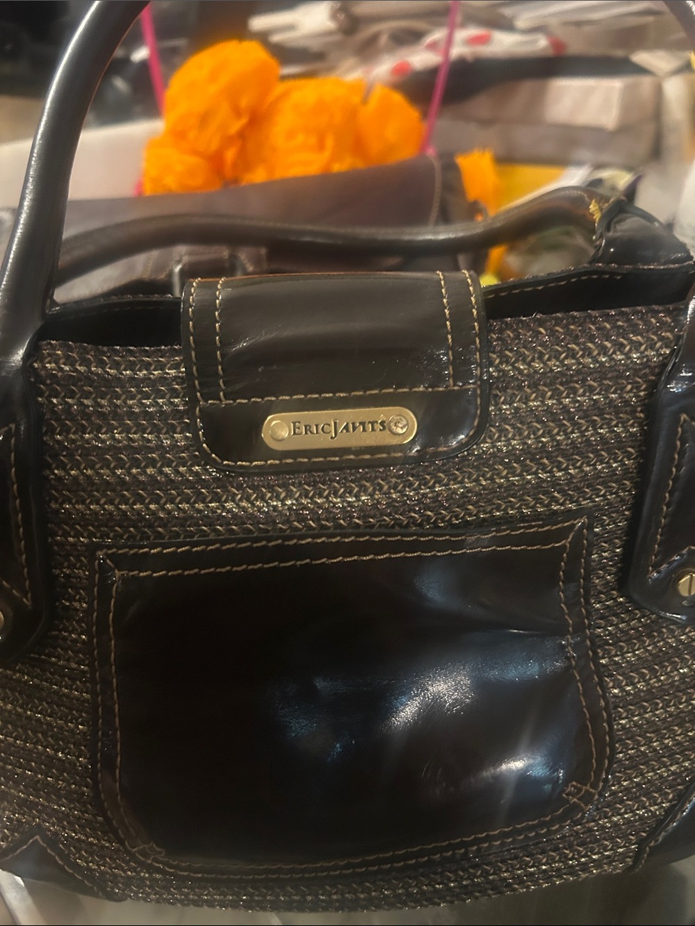 Eric Javits Brown Woven Shoulder Bag with Black Trim and Gold Plaque